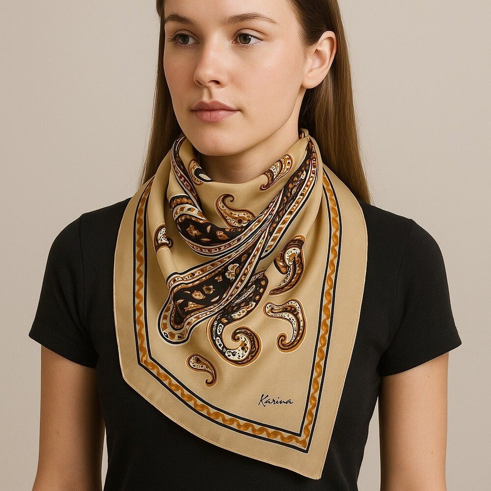 Vintage Karina Paisley Scarf – Tan, Brown & Black Rectangular Neck Scarf - Picture 8 of 8